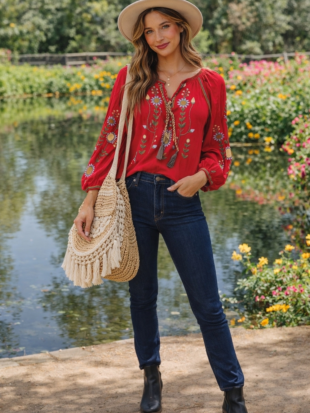 Boho Red Embroidered Peasant Top Floral Tassel Tie Blouse 🛑CROSS POSTED 🛑